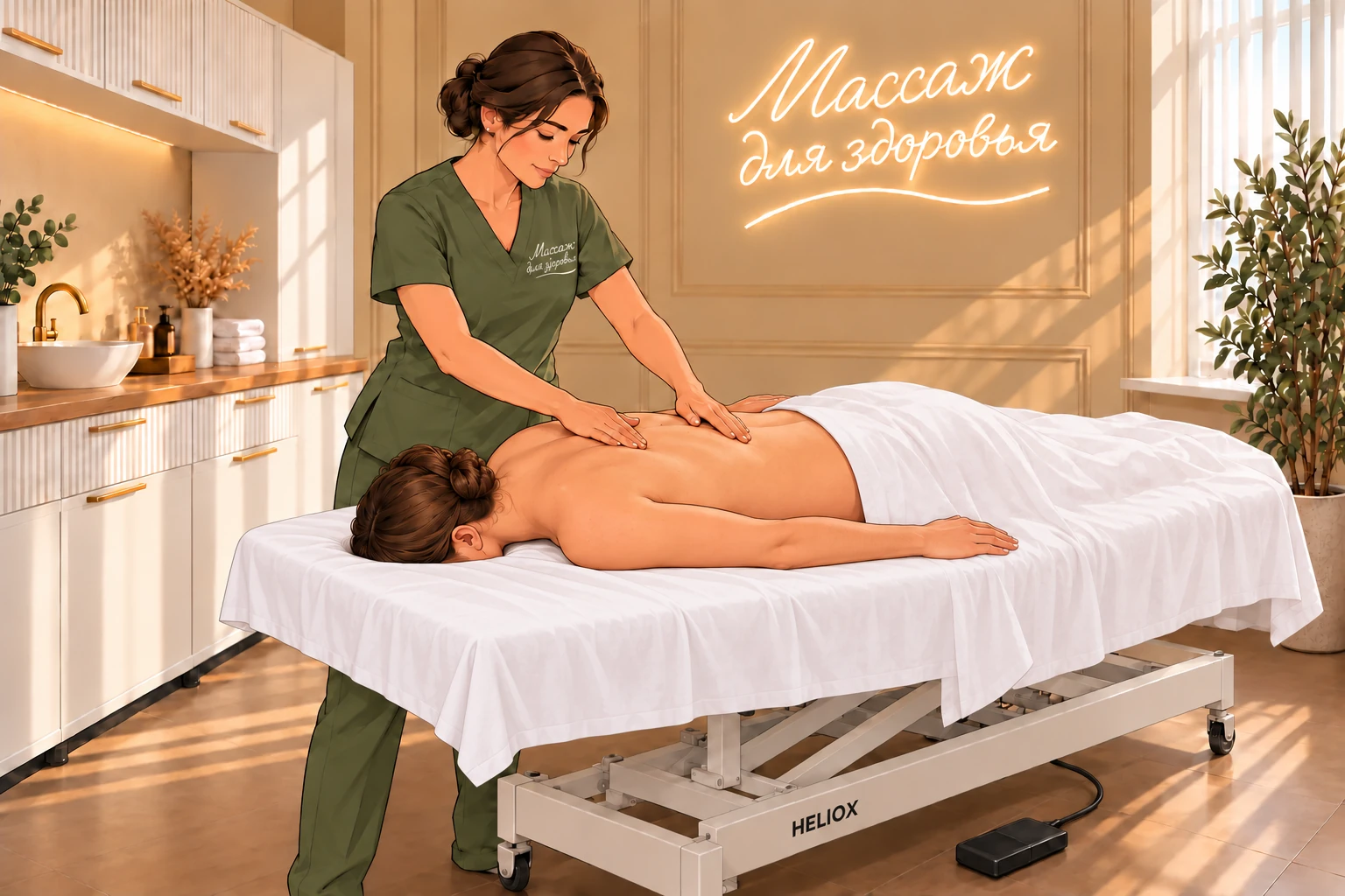 Массажистка делает массаж спины клиентке, лежащей на белой простыне. Руки клиентки вытянуты вдоль туловища.