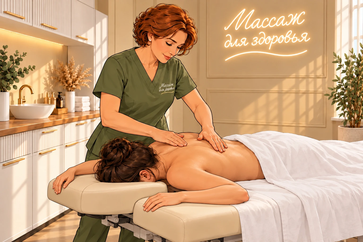 Массажистка выполняет расслабляющий массаж спины клиентке, лежащей на животе с руками на опорах стола.