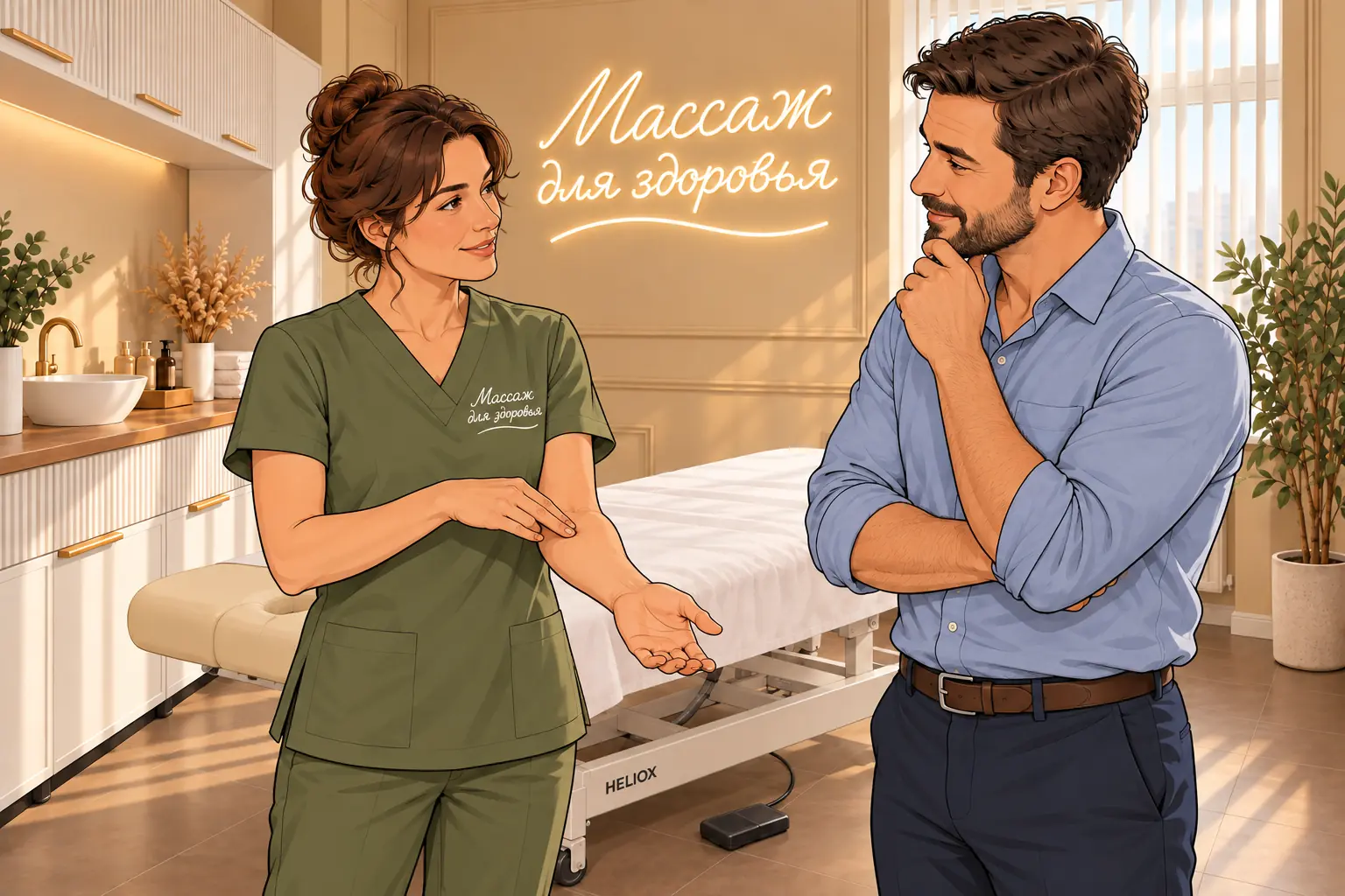 Крупный план спокойного разговора массажистки и клиента перед процедурой.