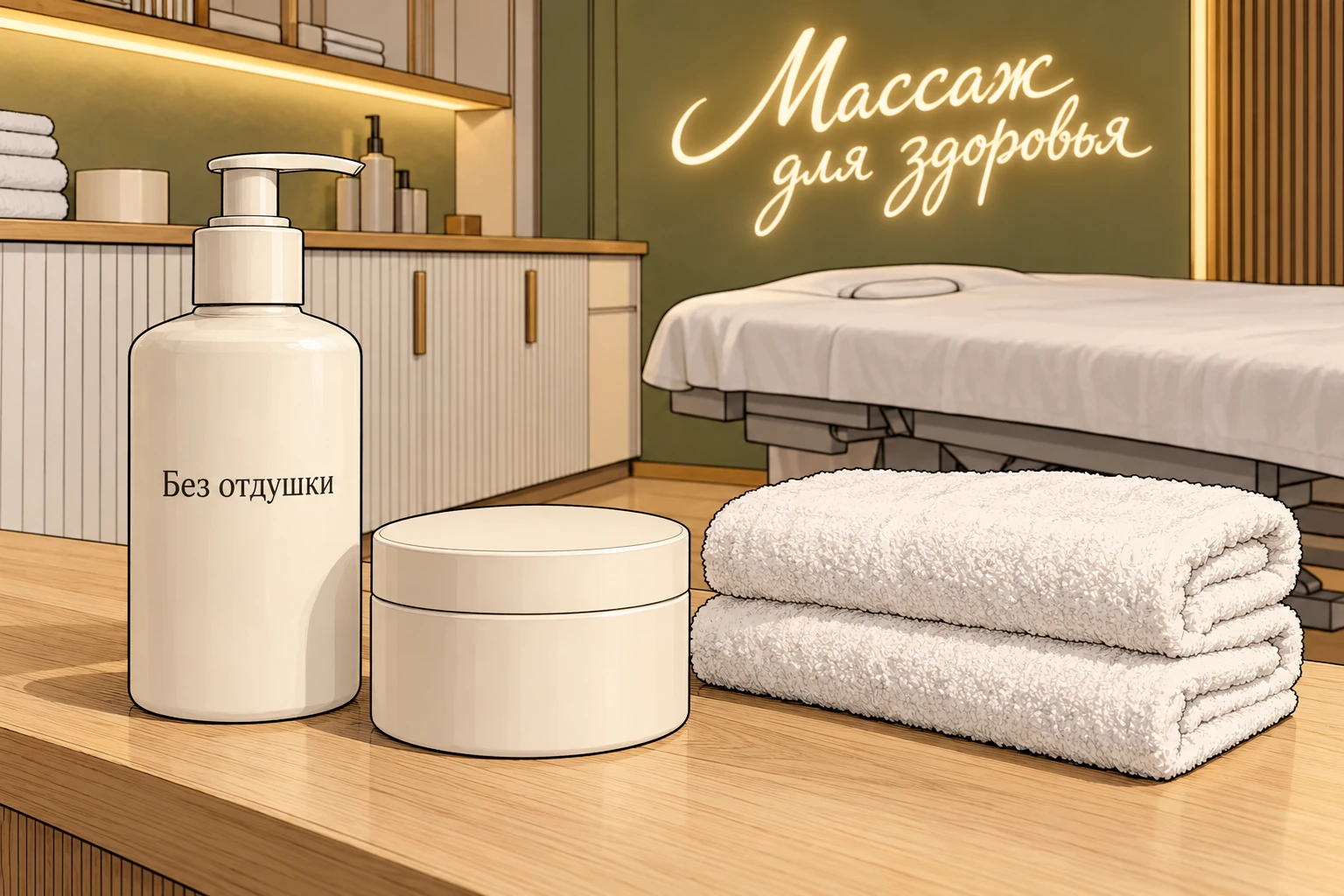 Нейтральное массажное средство без отдушки и чистые полотенца на столике.
