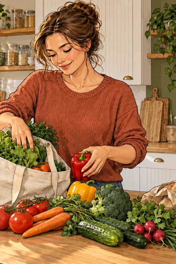 Женщина раскладывает продукты для обычного домашнего обеда.