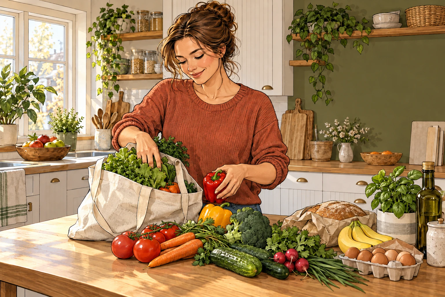 Женщина раскладывает продукты для обычного домашнего обеда.