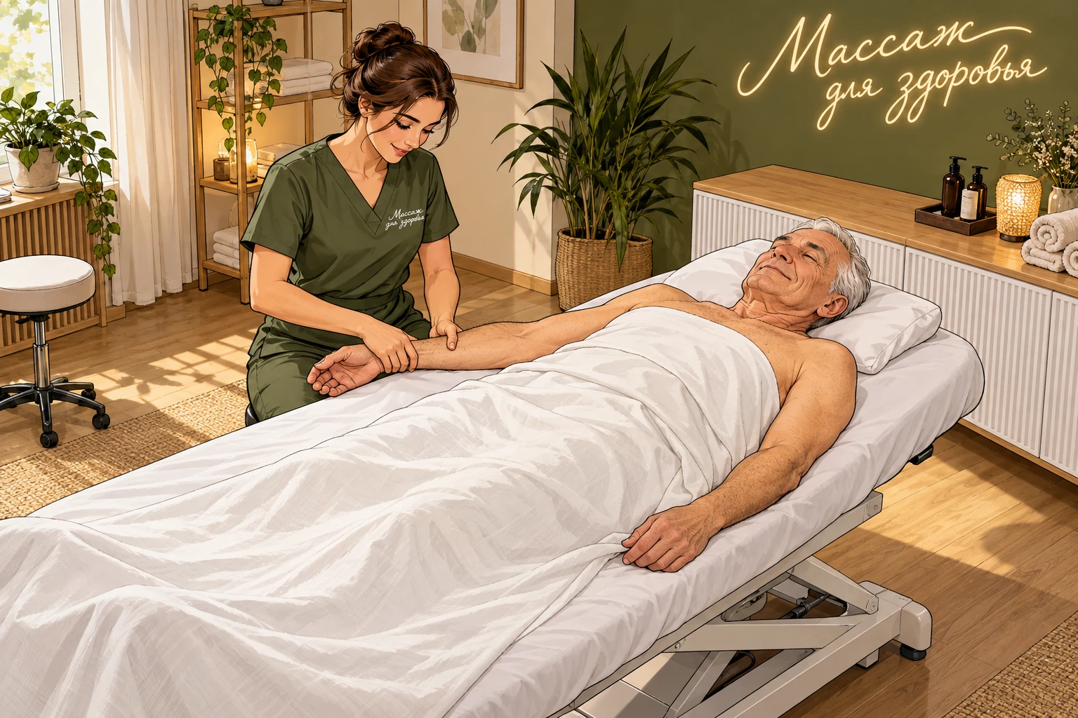 Массажистка мягко массирует предплечье пожилому клиенту.