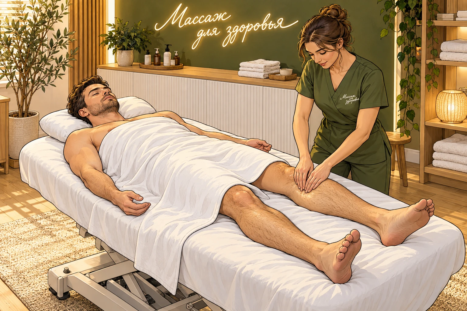 Массажистка мягко массирует голень мужчины после зимней тренировки.