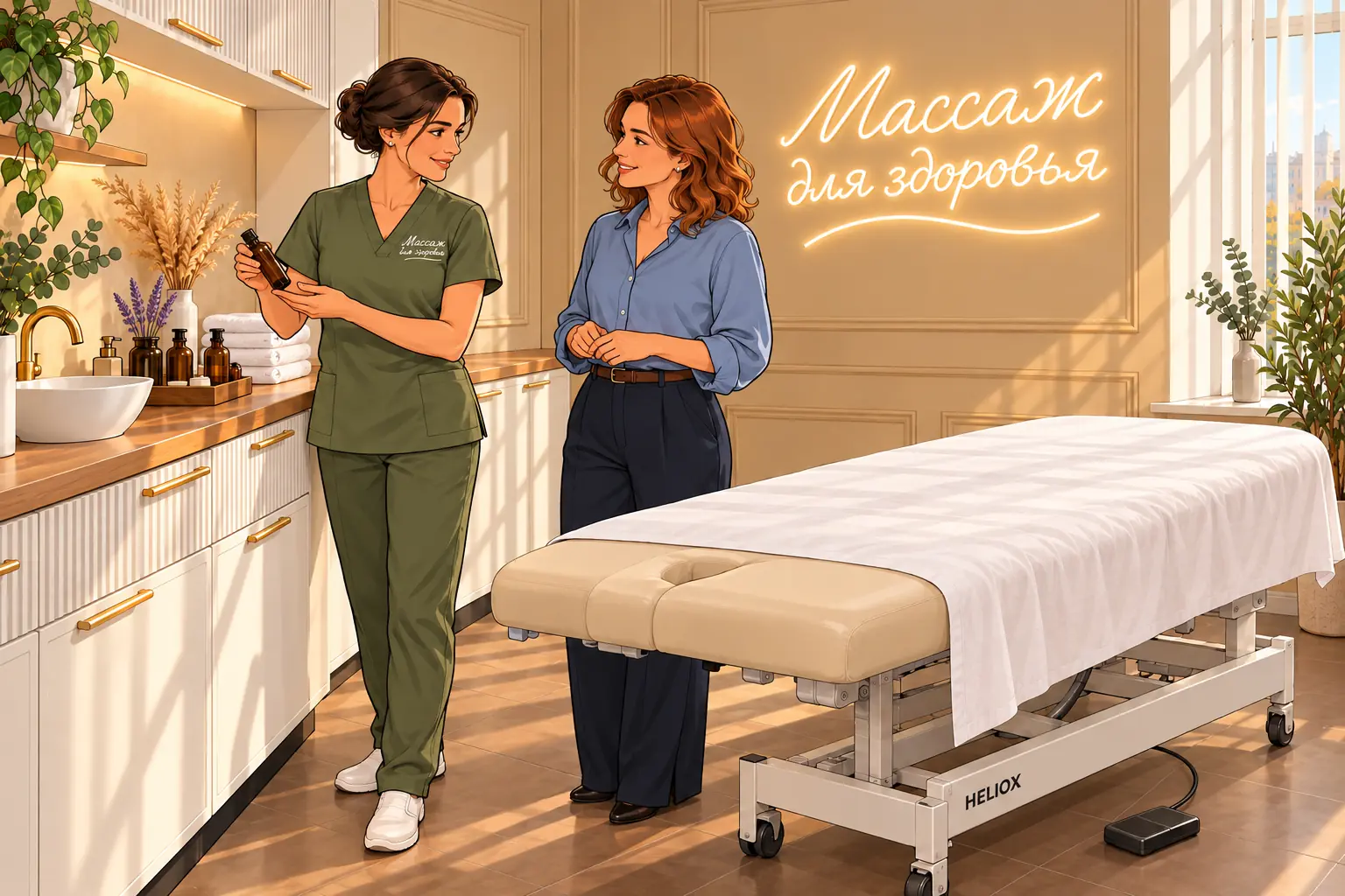 Массажистка показывает посетительнице флакон масла перед сеансом.